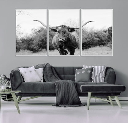 97280319-MGV-FC-60X30-3P_White-Longhorn Photography Wall Art Canvas Print, Framed Western Cow Decor Art Picture Print, Texas Ranch Style Perfect Rustic Farmhouse