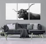 99244177-MGV-CV-36X24-Longhorn Photography Wall Art Canvas Print, Framed Western Cow Decor Art Picture Print, Black White Bull Perfect Modern Rustic