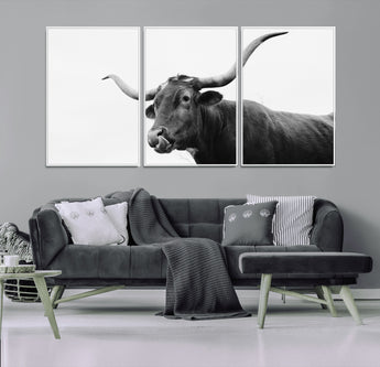 99244177-MGV-CV-36X24-Longhorn Photography Wall Art Canvas Print, Framed Western Cow Decor Art Picture Print, Black White Bull Perfect Modern Rustic