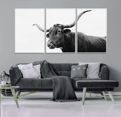99244177-MGV-CV-36X24-Longhorn Photography Wall Art Canvas Print, Framed Western Cow Decor Art Picture Print, Black White Bull Perfect Modern Rustic