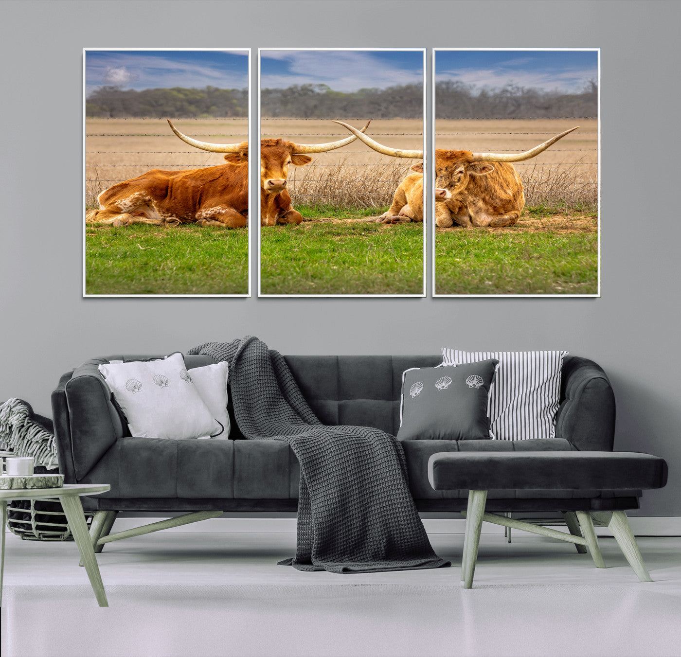97244565-MGV-CV-36X24-Longhorn Duo Wall Art Canvas Print, Framed Cozy Ranch Vibes Art Picture Print, Western Ranch Decor Perfect Rustic Farmhouse Decor