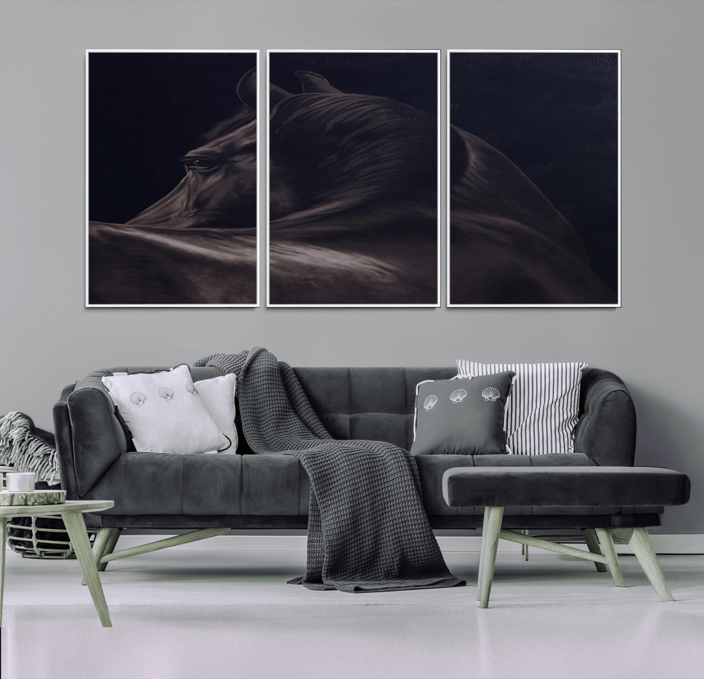 67026880-MGV-FC-60X30-3P_White-Black Horse Portrait Wall Art Canvas Print, Framed Moody Horse Decor Art Picture Print, Equestrian Wall Style Perfect Masculine