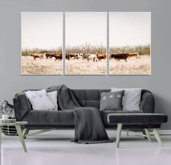 12454132-MGV-CV-36X24-Cow Herd Photography Wall Art Canvas Print, Framed Rustic Farmhouse Decor Art Picture Print, Western Ranch Style Perfect Rustic