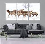 68738684-MGV-FC-60X30-3P_White-Winter Elk Scene Wall Art Canvas Print, Framed Wildlife Photography Art Picture Print, Snowy Deer Decor Perfect Rustic Lodge Decor