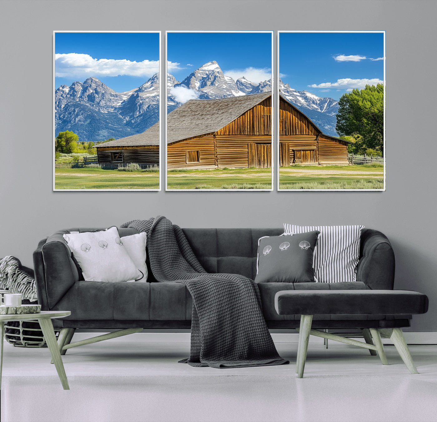 75948467-MGV-FC-60X30-3P_White-Mountain Barn Scene Wall Art Canvas Print, Framed Rustic Farmhouse Style Art Picture Print, Country Cabin Decor Perfect Rustic