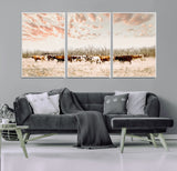 43704663-MGV-FC-60X30-3P_White-Country Cow Herd Wall Art Canvas Print, Framed Farmhouse Cattle Scene Art Picture Print, Rustic Ranch Decor Perfect Rustic