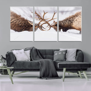 36507609-MGV-FC-60X30-3P_White-Elk Clash Scene Wall Art Canvas Print, Framed Wildlife Strength Decor Art Picture Print, Snowy Forest Elk Perfect Rustic Lodge