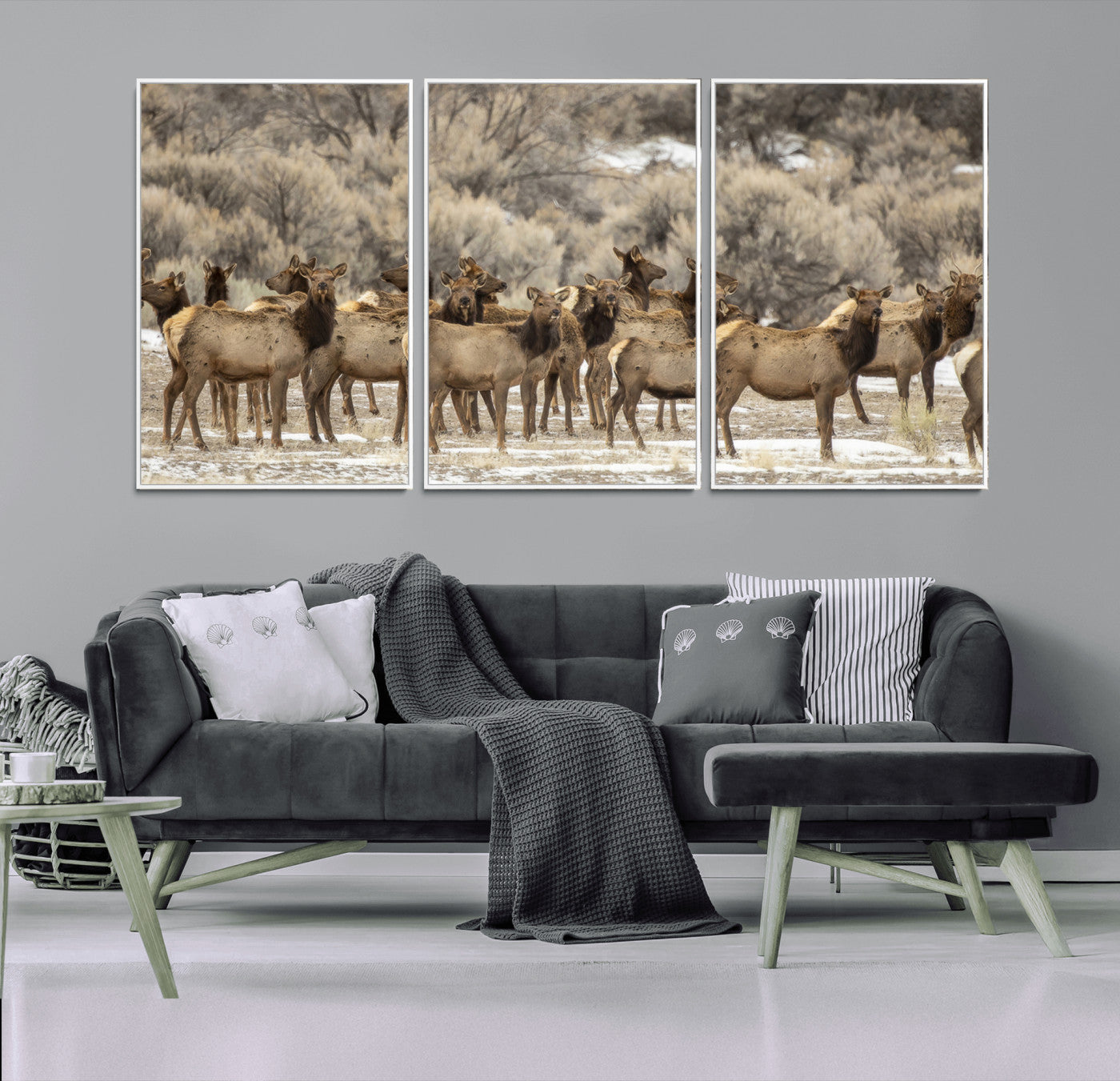 90269422-MGV-CV-36X24-Elk Herd Scene Wall Art Canvas Print, Framed Rustic Wildlife Decor Art Picture Print, Western Cabin Style Perfect Rustic Lodge