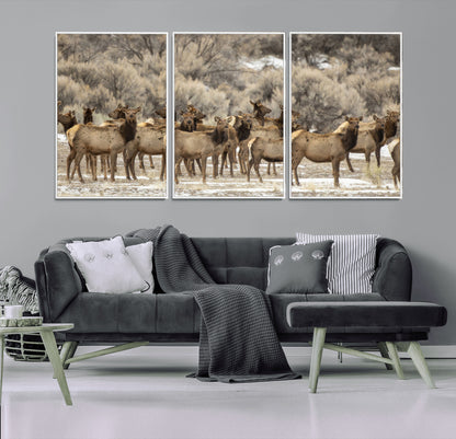 90269422-MGV-CV-36X24-Elk Herd Scene Wall Art Canvas Print, Framed Rustic Wildlife Decor Art Picture Print, Western Cabin Style Perfect Rustic Lodge