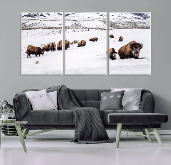 13891210-MGV-FC-60X30-3P_White-Bison Herd Scene Wall Art Canvas Print, Framed Western Wildlife Decor Art Picture Print, Snowy Mountain Valley Perfect Rustic