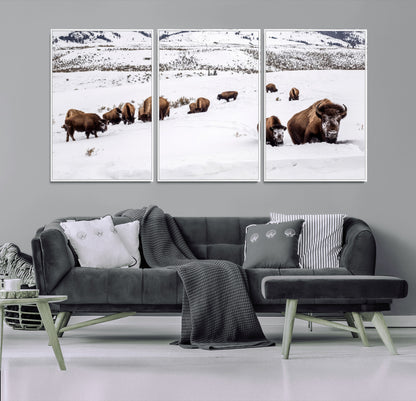 13891210-MGV-CV-36X24-Bison Herd Scene Wall Art Canvas Print, Framed Western Wildlife Decor Art Picture Print, Snowy Mountain Valley Perfect Rustic