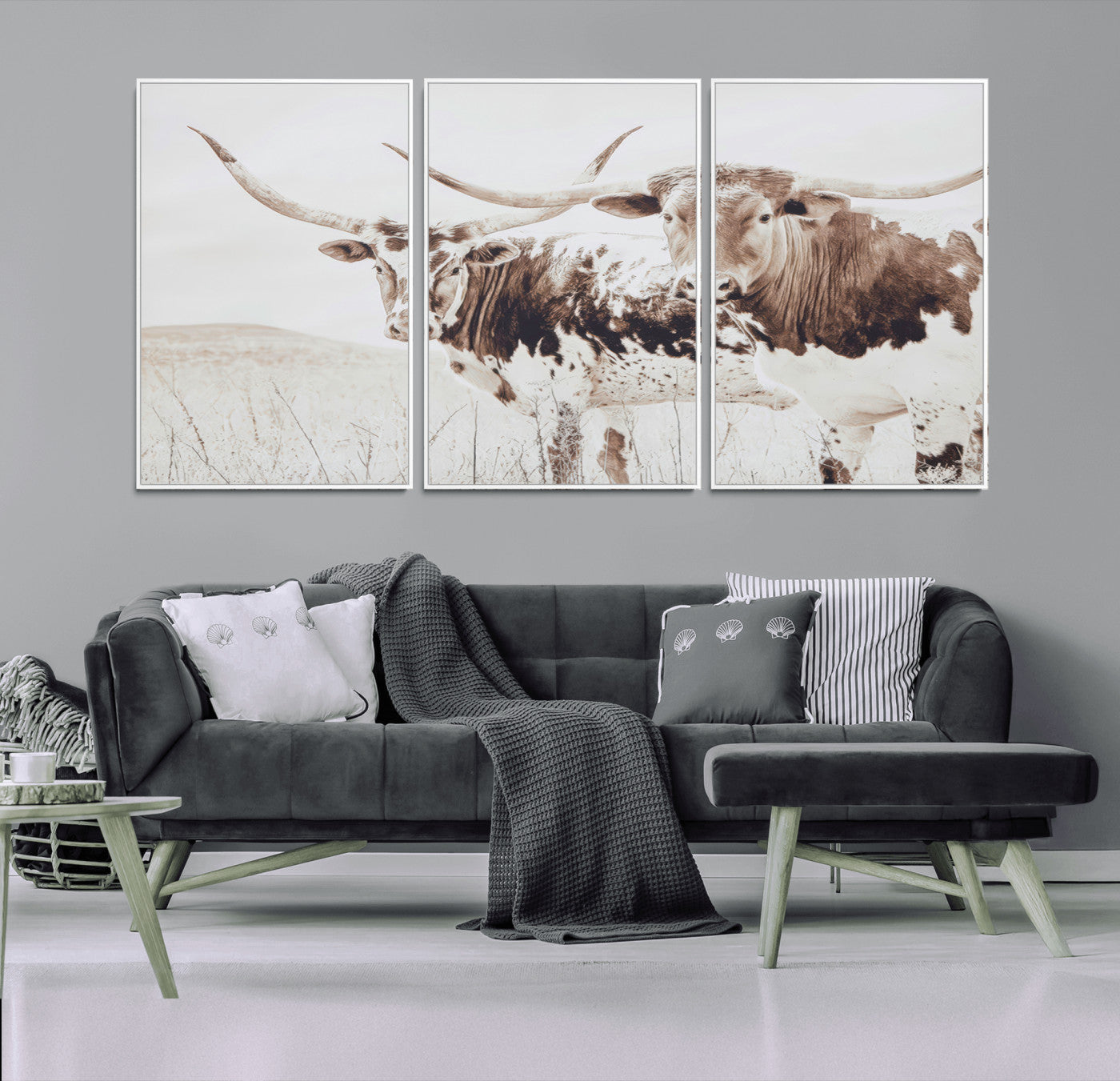 48161868-MGV-CV-36X24-Longhorn Cow Decor Wall Art Canvas Print, Framed Rustic Cattle Art Picture Print, Sepia Western Vibe Perfect Neutral Rustic