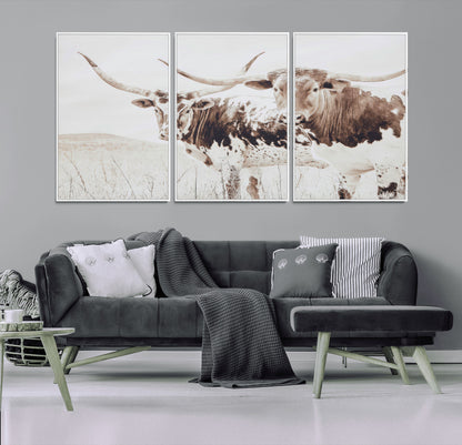 48161868-MGV-CV-36X24-Longhorn Cow Decor Wall Art Canvas Print, Framed Rustic Cattle Art Picture Print, Sepia Western Vibe Perfect Neutral Rustic