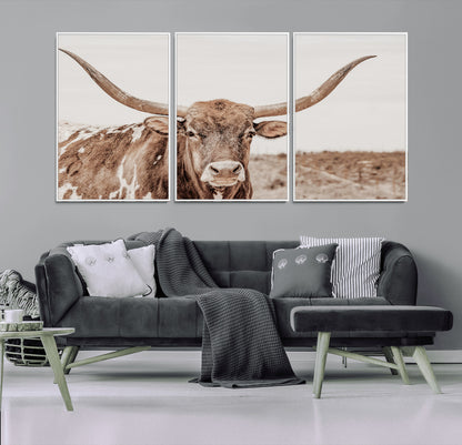 77810049-MGV-CV-36X24-Longhorn Bull Photo Wall Art Canvas Print, Framed Rustic Cow Decor Art Picture Print, Neutral Farmhouse Style Perfect Rustic