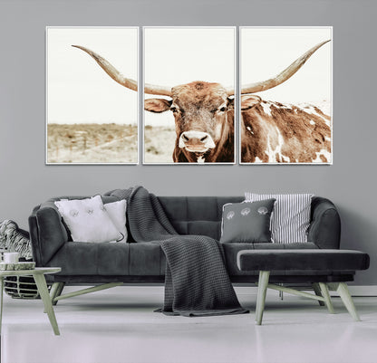 98924580-MGV-FC-60X30-3P_White-Texas Longhorn Bull Wall Art Canvas Print, Framed Rustic Farmhouse Decor Art Picture Print, Western Animal Theme Perfect Rustic