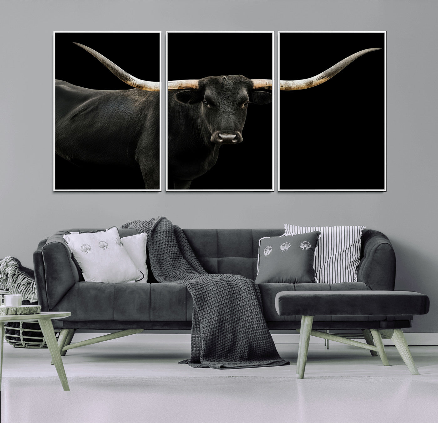 23572907-MGV-FC-60X30-3P_White-Texas Longhorn Wall Art Canvas Print, Framed Rustic Western Decor Art Picture Print, Farmhouse Animal Perfect Modern Western