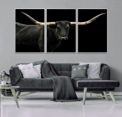 23572907-MGV-FC-60X30-3P_White-Texas Longhorn Wall Art Canvas Print, Framed Rustic Western Decor Art Picture Print, Farmhouse Animal Perfect Modern Western