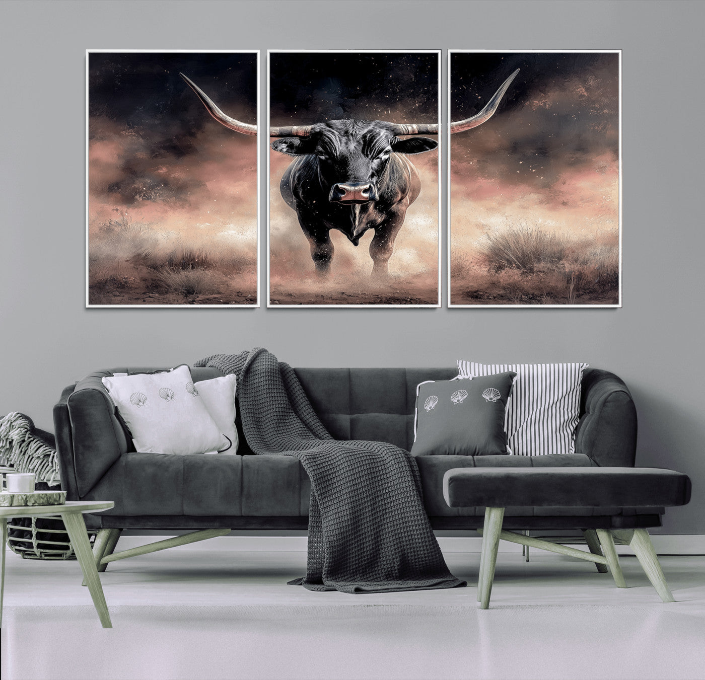 71457818-MGV-CV-36X24-Longhorn Wall Art Wall Art Canvas Print, Framed Western Bull Canvas Art Picture Print, Rustic Cow Decor Perfect Western Dramatic