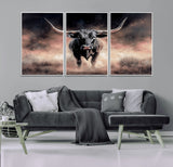 71457818-MGV-CV-36X24-Longhorn Wall Art Wall Art Canvas Print, Framed Western Bull Canvas Art Picture Print, Rustic Cow Decor Perfect Western Dramatic