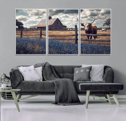 51092814-MGV-CV-36X24-Texas Longhorn Wall Art Wall Art Canvas Print, Framed Rustic Barn Canvas Art Picture Print, Farmhouse Cow Decor Perfect Rustic