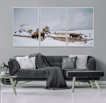 60308289-MGV-CV-36X24-Bison Wildlife Wall Art Canvas Print, Framed Snowy Prairie Art Picture Print, Western Landscape Perfect Rustic Winter Decor