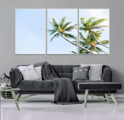54719115-MGV-FC-60X30-3P_White-Palm Trees Wall Art Canvas Print, Framed Tropical Aesthetic Art Picture Print, Coastal Serenity Perfect Tropical Minimalist Decor