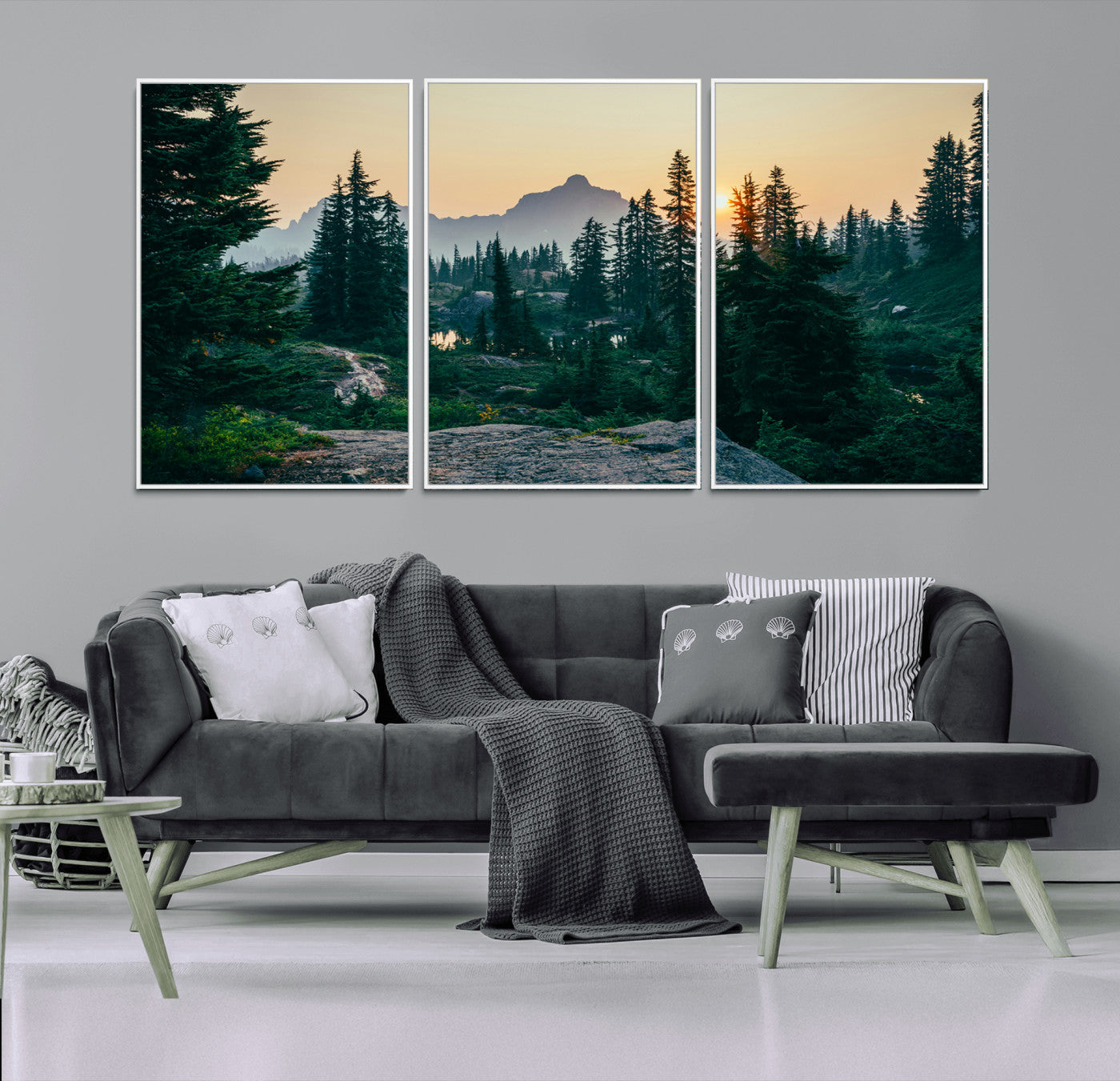 66397982-MGV-FC-60X30-3P_White-Mountain Landscape Wall Art Canvas Print, Framed Forest Serenity Art Picture Print, Mountain Landscape Perfect Rustic Wilderness