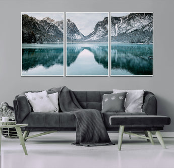 73098373-MGV-CV-36X24-Mountain Lake Wall Art Canvas Print, Framed Winter Wonderland Art Picture Print, Snowy Peaks Perfect Modern Nature Decor Artwork
