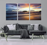 36714356-MGV-FC-60X30-3P_White-Beach Sunset Wall Art Canvas Print, Framed Ocean Waves Art Picture Print, Tropical Seascape Perfect Coastal Serenity Decor Artwork