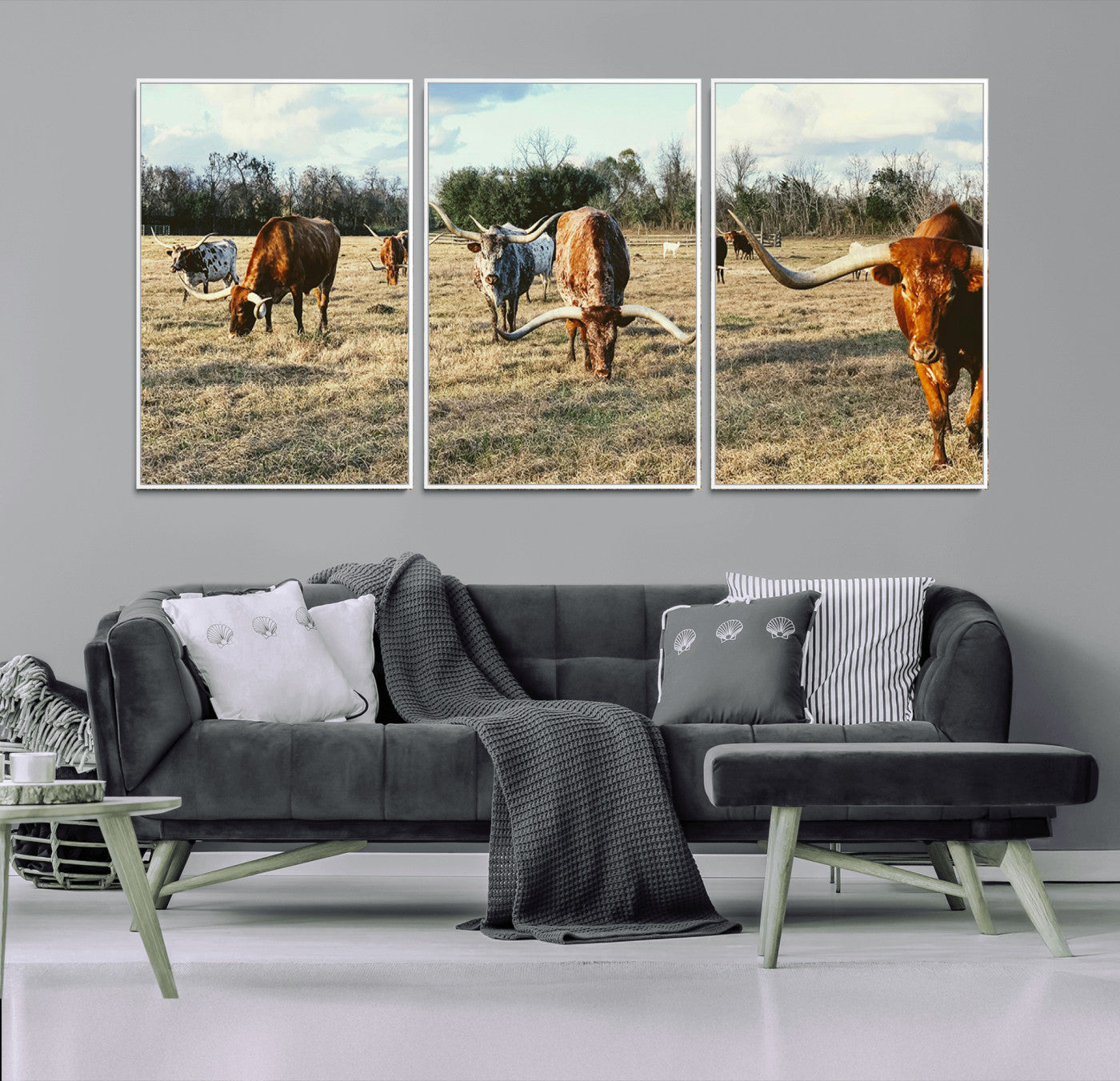 39144651-MGV-CV-36X24-Texas Longhorns Wall Art Canvas Print, Framed Rustic Farm Scene Art Picture Print, Western Cattle Perfect Rustic Farmhouse Decor