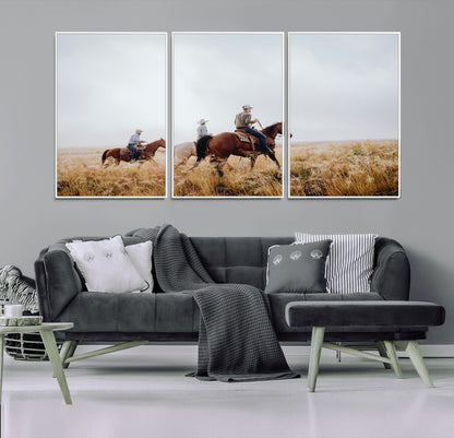 94723307-MGV-CV-36X24-Western Cowboys Wall Art Canvas Print, Framed Rustic Prairie Art Picture Print, Horseback Riding Perfect Rustic Western Decor