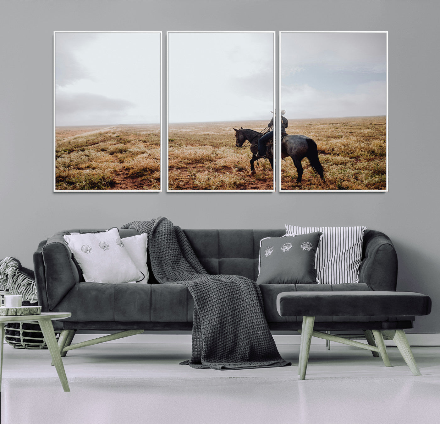 57597730-MGV-FC-60X30-3P_White-Cowboy Wall Art Wall Art Canvas Print, Framed Western Canvas Art Picture Print, Rustic Ranch Scene Perfect Rustic Western Decor