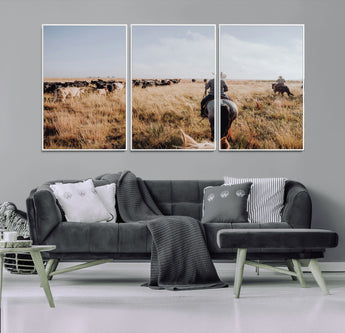 22431577-MGV-CV-36X24-Western Wall Art Wall Art Canvas Print, Framed Cowboy Canvas Art Picture Print, Cattle Drive Scene Perfect Rustic Western Decor