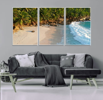 82312665-MGV-CV-36X24-Tropical Beach Wall Art Canvas Print, Framed Ocean Waves Art Picture Print, Palm Trees Perfect Coastal Minimalist Decor Artwork