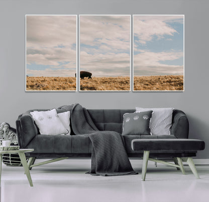 22754563-MGV-CV-36X24-Earthy Tones Wall Art Canvas Print, Framed Rustic Nature Art Picture Print, Solitary Buffalo Perfect Western Minimalist Decor