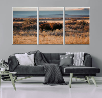 39509187-MGV-CV-36X24-Western Wildlife Wall Art Canvas Print, Framed Bison Art Picture Print, Golden Hour Perfect Western Rustic Decor Artwork
