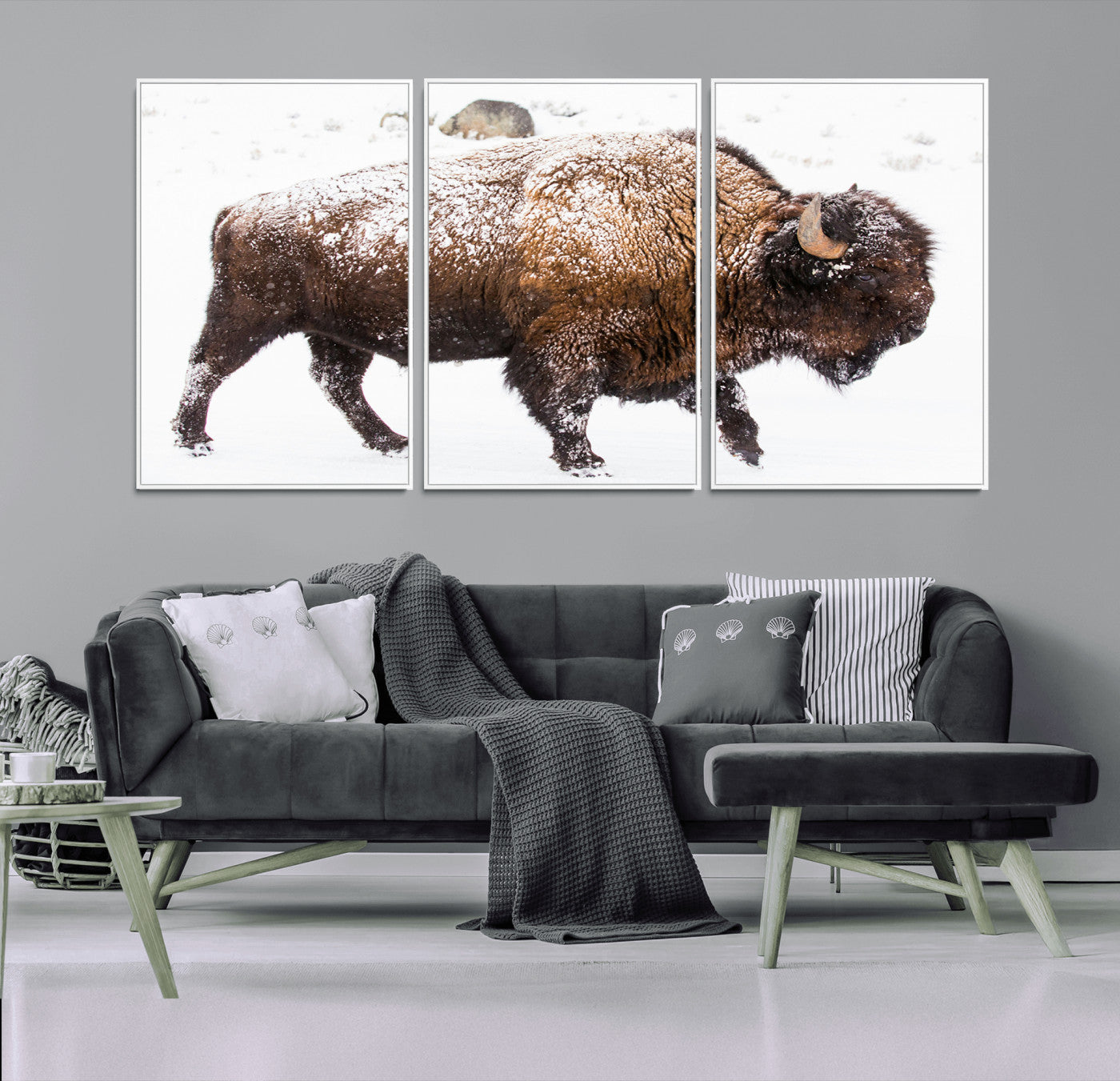 94261165-MGV-CV-36X24-Snowy Buffalo Wall Art Canvas Print, Framed Wildlife Photography Art Picture Print, Brown Tones Perfect Rustic Lodge Decor Decor