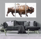 94261165-MGV-CV-36X24-Snowy Buffalo Wall Art Canvas Print, Framed Wildlife Photography Art Picture Print, Brown Tones Perfect Rustic Lodge Decor Decor