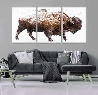 94261165-MGV-CV-36X24-Snowy Buffalo Wall Art Canvas Print, Framed Wildlife Photography Art Picture Print, Brown Tones Perfect Rustic Lodge Decor Decor
