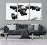 18914414-MGV-CV-36X24-Buffalo Herd Wall Art Canvas Print, Framed Black and White Art Picture Print, Snowy Landscape Perfect Rustic Lodge Decor Decor