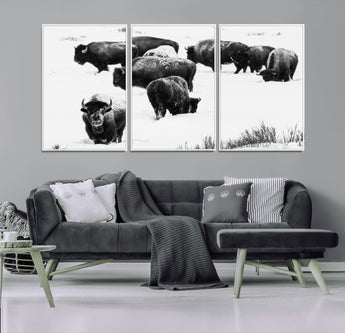 18914414-MGV-CV-36X24-Buffalo Herd Wall Art Canvas Print, Framed Black and White Art Picture Print, Snowy Landscape Perfect Rustic Lodge Decor Decor