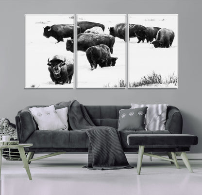 18914414-MGV-CV-36X24-Buffalo Herd Wall Art Canvas Print, Framed Black and White Art Picture Print, Snowy Landscape Perfect Rustic Lodge Decor Decor