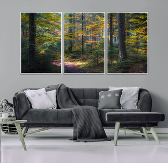 65810864-MGV-CV-36X24-Autumn Forest Wall Art Canvas Print, Framed Fall Woodland Art Picture Print, Golden Leaves Perfect Rustic Farmhouse Decor Artwork