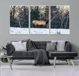 36533178-MGV-CV-36X24-Wild Elk Photography Wall Art Canvas Print, Framed Winter Wildlife Art Picture Print, Snowy Forest Perfect Rustic Lodge Decor