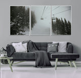87018452-MGV-CV-36X24-Ski Lift Wall Art Canvas Print, Framed Snowy Pines Art Picture Print, Misty Landscape Perfect Winter Serenity Decor Artwork