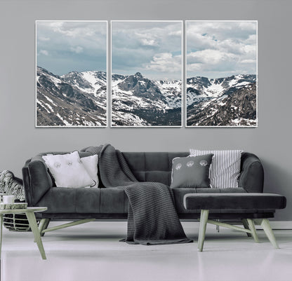 94074619-MGV-FC-60X30-3P_White-Snowy Peaks Wall Art Canvas Print, Framed Alpine Wilderness Art Picture Print, Mountain Escape Perfect Winter Serenity Decor