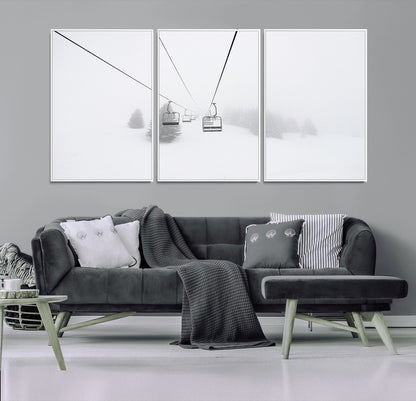 20216390-MGV-CV-36X24-Ski Lift Wall Art Canvas Print, Framed Snowy Landscape Art Picture Print, Alpine Adventure Perfect Nordic Minimalist Decor Artwork