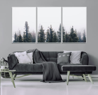 42364796-MGV-CV-36X24-Foggy Forest Wall Art Canvas Print, Framed Misty Pines Art Picture Print, Moody Woodland Perfect Scandinavian Minimalist Decor