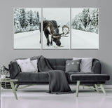 13316292-MGV-CV-36X24-Moose in Snow Wall Art Canvas Print, Framed Winter Wildlife Art Picture Print, Snowy Forest Scene Perfect Rustic Lodge Decor