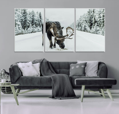 13316292-MGV-CV-36X24-Moose in Snow Wall Art Canvas Print, Framed Winter Wildlife Art Picture Print, Snowy Forest Scene Perfect Rustic Lodge Decor